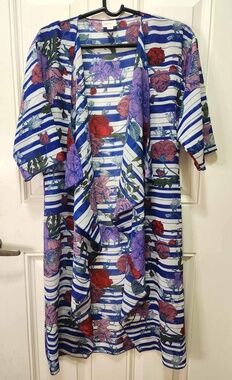 Floral Striped Kimono Cardigan Lightweight Sheer Open Front Cover Up Size Small
